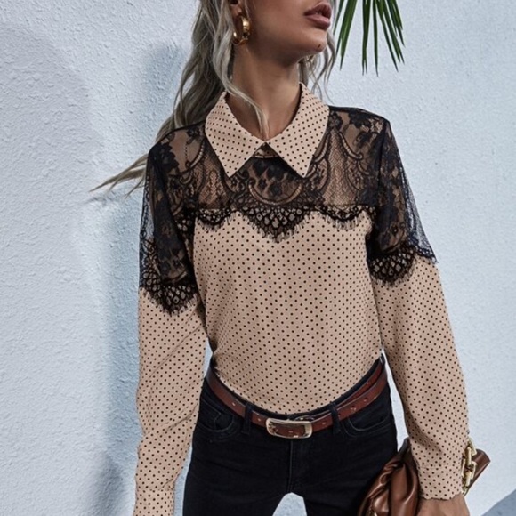 Black white polka dot floral sheer lace blouse - Picture 4 of 10